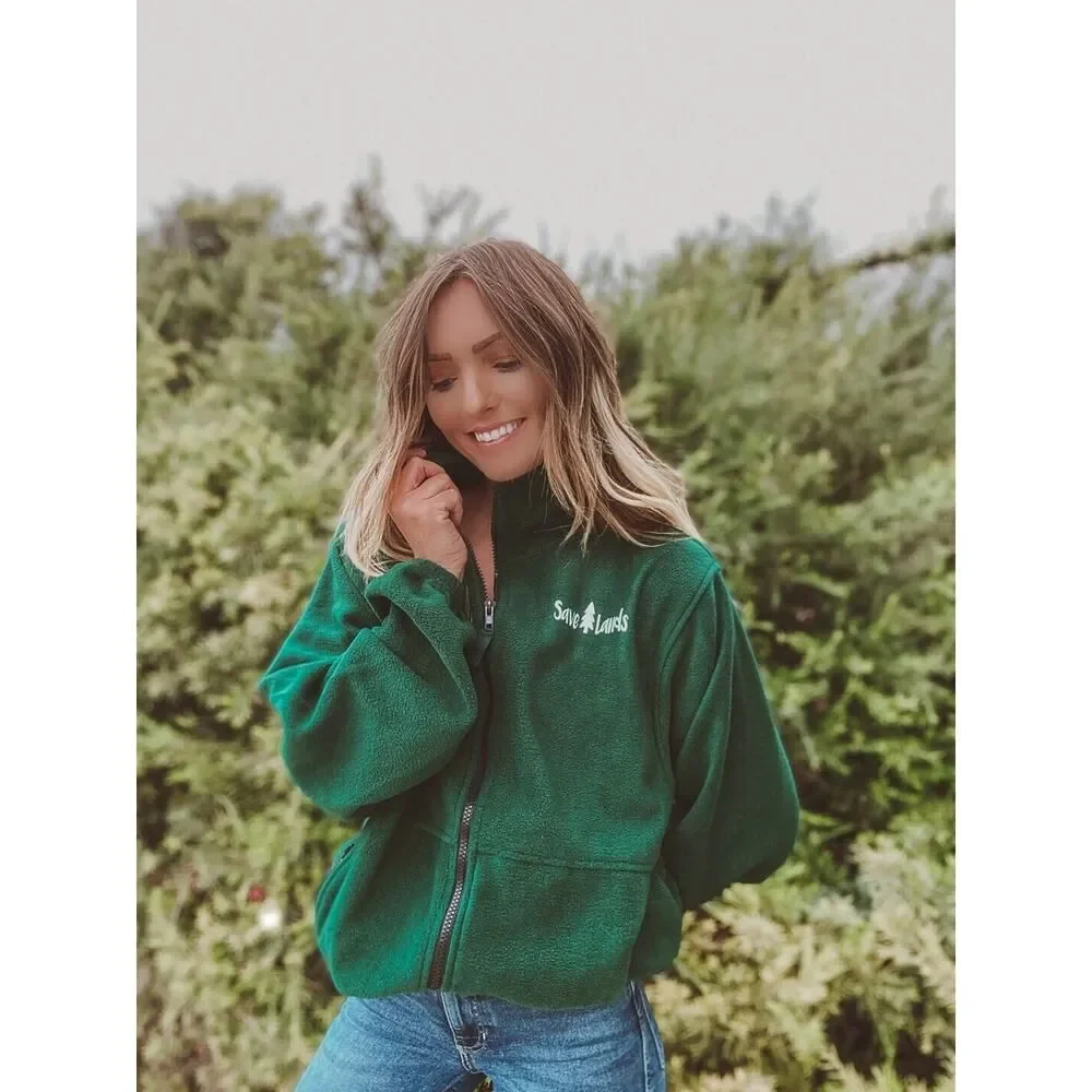 SAVE LANDS White Logo Forest Fleece Jacket Full Zip Cozy Unisex Men's Women's M - Picture 2 of 12